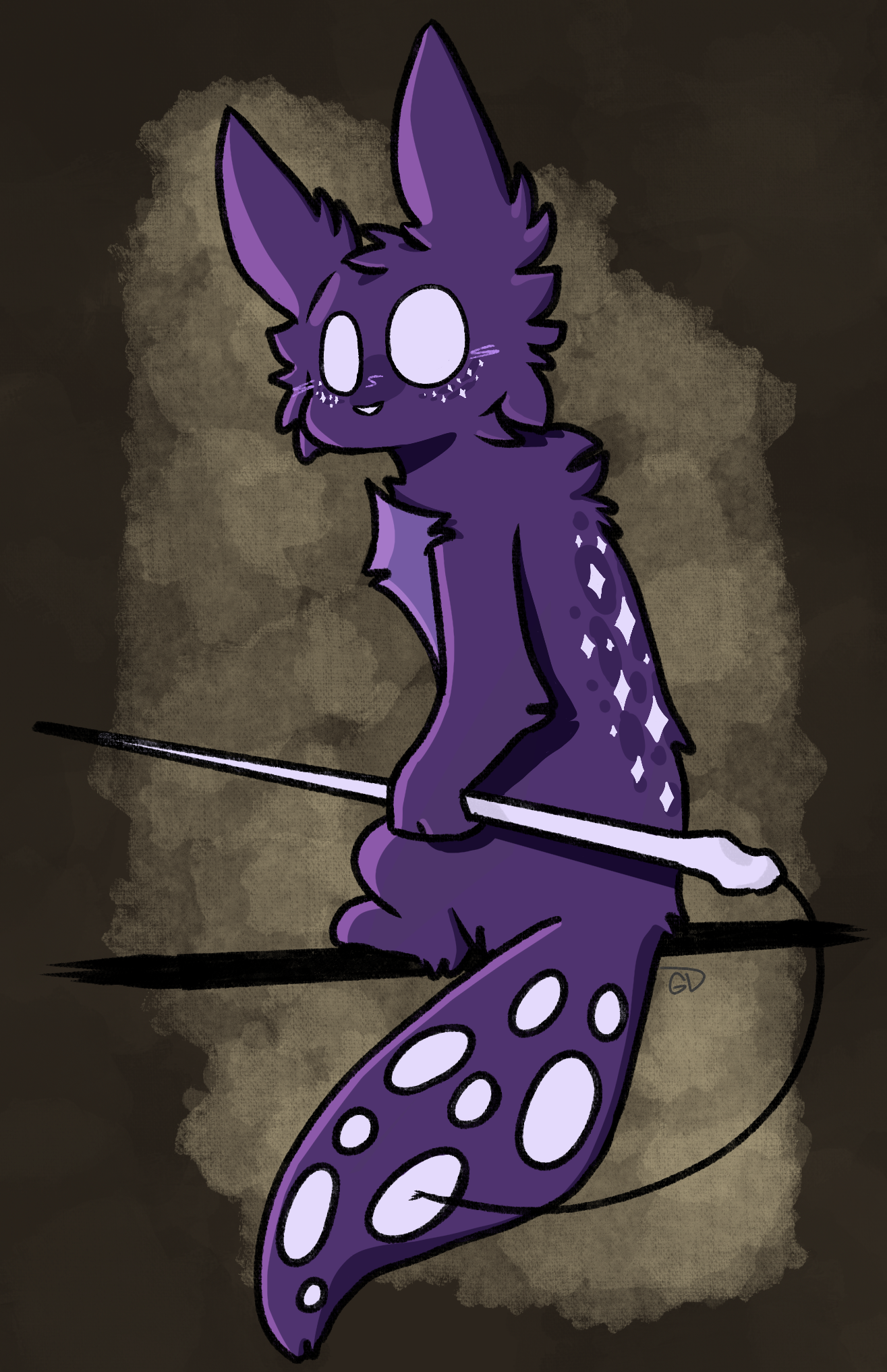 an illustration of the spearmaster slugcat from the video game rain world. they are stylized with ruffled fur and pointy ears, among less significant features. they are standing on a horizontal pole, and holding a spear that they made themselves. the drawing is signed "GD".